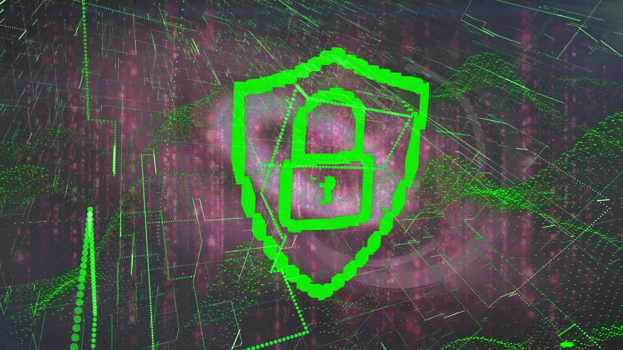 Candado de ciberseguridad y estelas de luz verde contra formas abstractas moradas sobre fondo gris