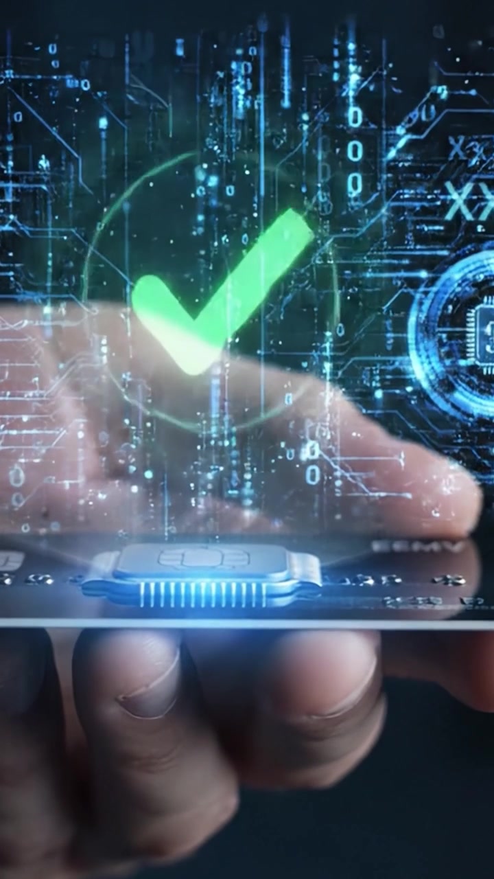 Un primo piano di una mano che tiene una carta di credito con una sovrapposizione di un segno di approvazione digitale, illustrando la moderna tecnologia di pagamento e transazioni sicure.