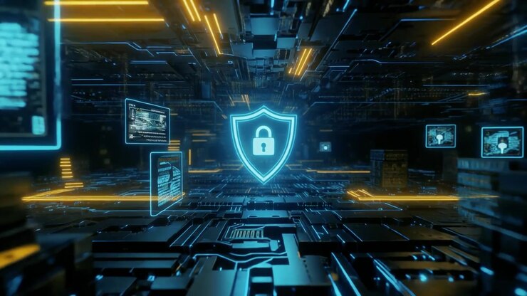 Icona di scudo digitale che rappresenta la cybersecurity in una rete di dati futuristica
