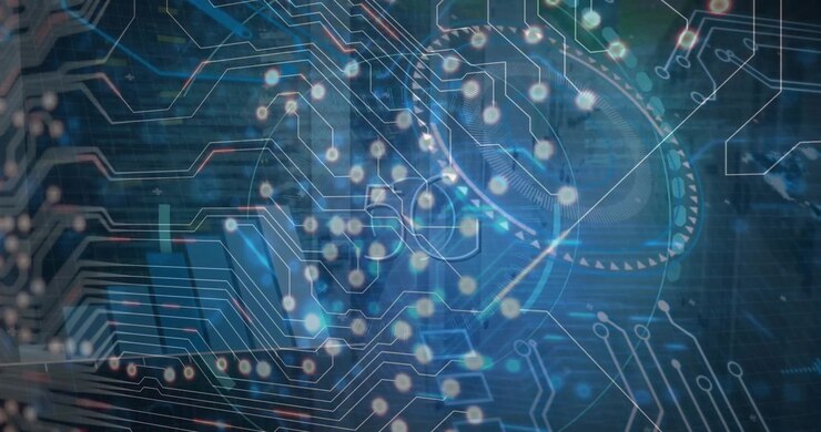 Animation of data processing and shapes on blue background