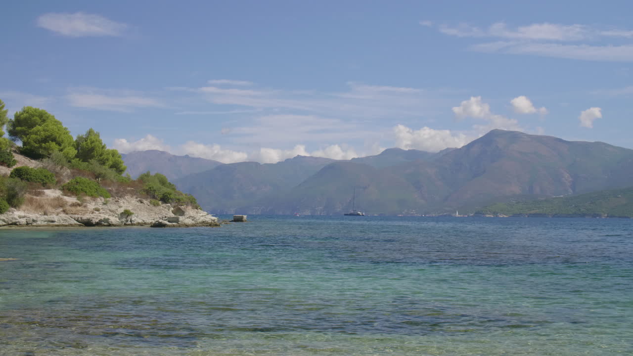 Saint-Florent Corsica coast rocky shorelines under a bright blue sky sunny view of crystal clear turquoise waters serene Mediterranean landscape untouched natural beauty northern Corsican seaside