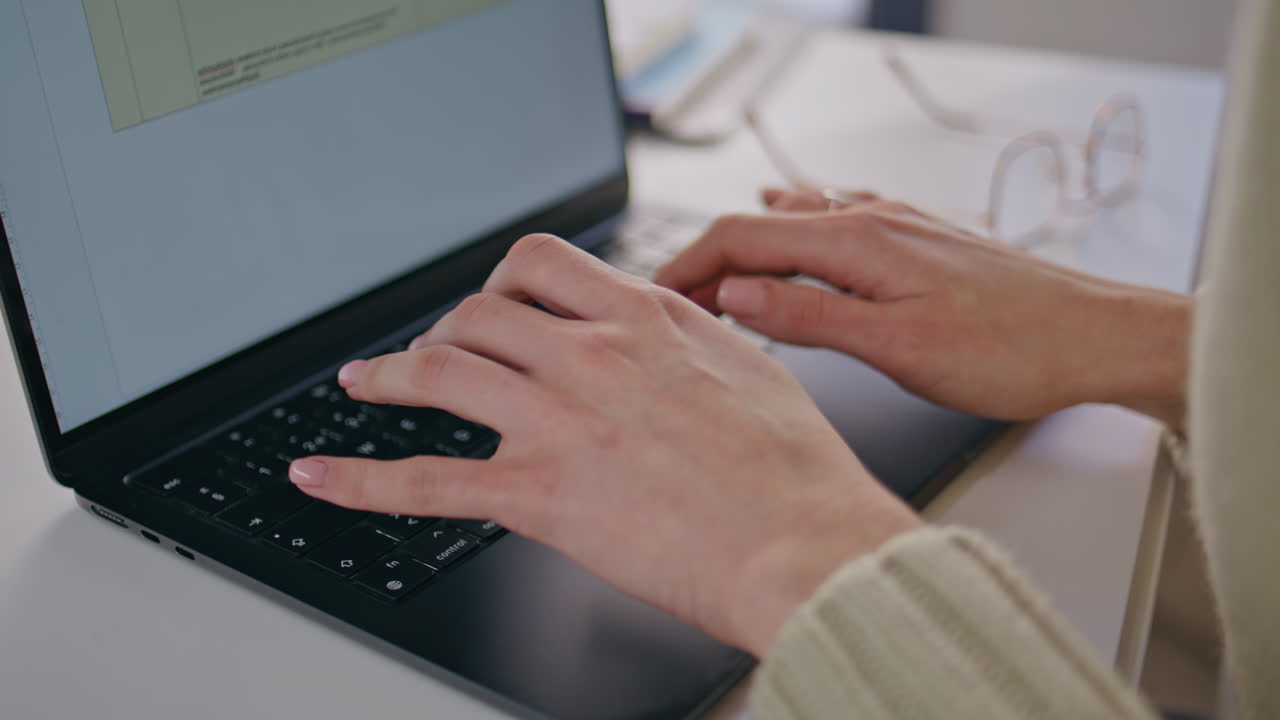 Lady hands typing laptop keyboard sitting table closeup. Woman texting messages