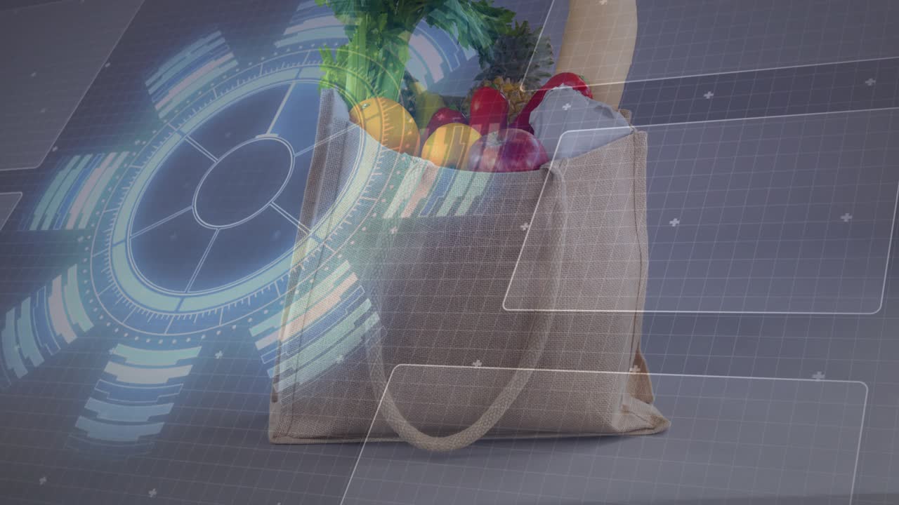 HUD activating, tote bag staying center, circular radar pulsing and panels sliding to show produce