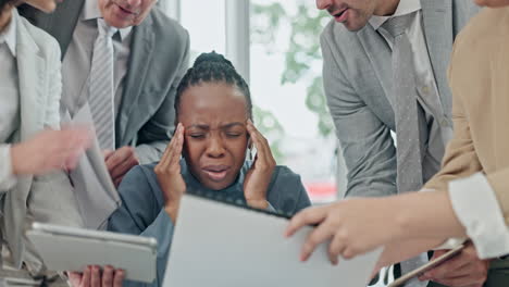 business, headache and woman with stress