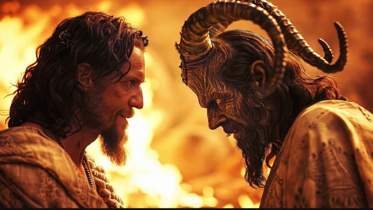 A Man and a Demonic Figure Face Off Against a Fiery Background