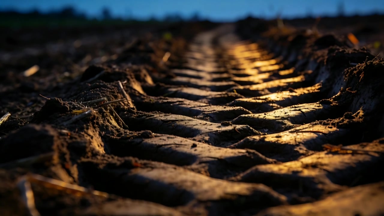 Panning camera revealing centered tractor rut across plowed field at dusk, showing tread pattern