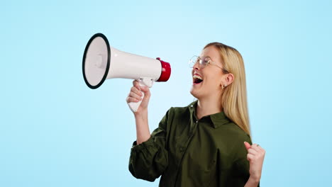 Megaphone,-news-and-happy-woman-shouting-in-studio