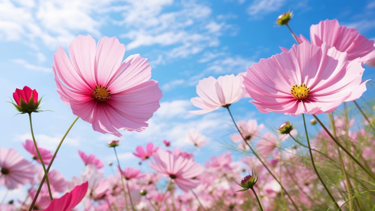 Low-angle video of pink flowers against a blue sky, capturing a serene, natural scene