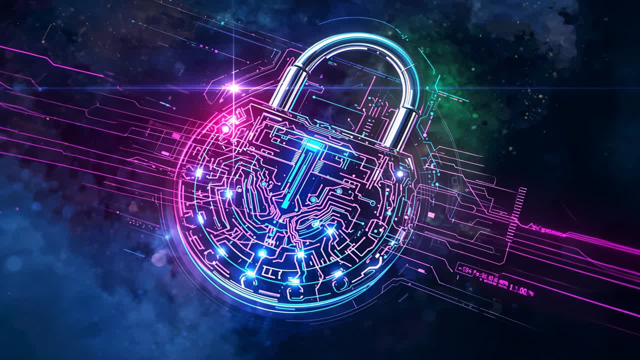 Activating neon circuit padlock icon by pink and cyan beams at starfield, signaling digital lockup