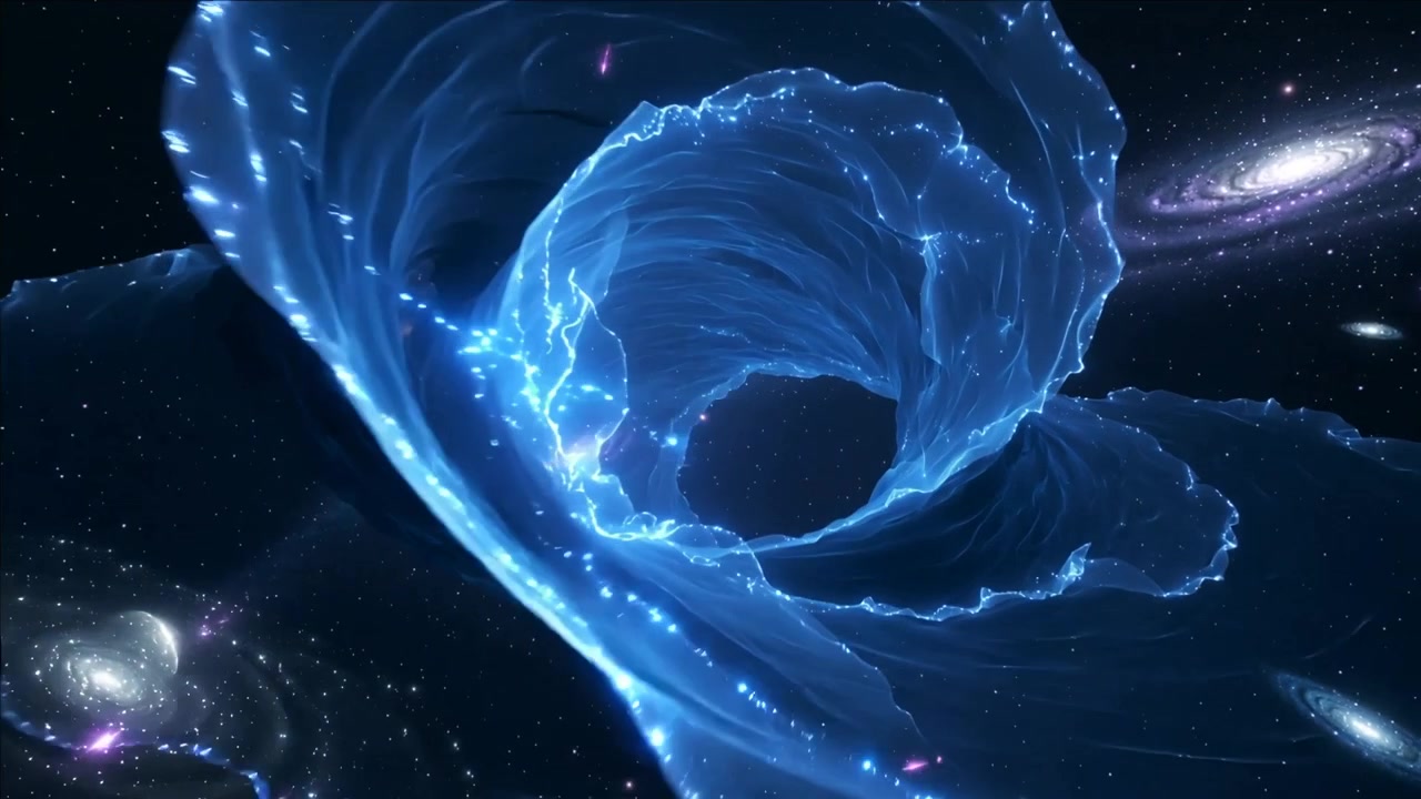 Moving cam spurring blue ribbon curling into spiral tunnel in space showing purple galaxy sparks
