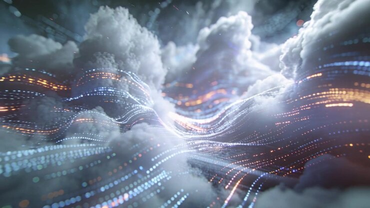 Moving camera revealing volumetric cloud bank entering cloud valley, showing glowing light ribbons