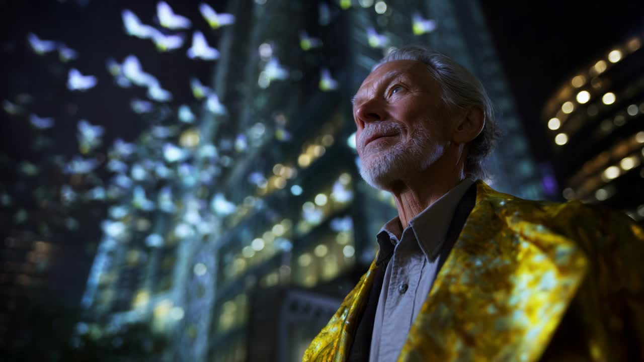 An older gentleman gazes upwards in awe as vibrant butterflies flutter against a dazzling urban backdrop. Illuminated by city lights, the moment captures a blend of wonder, nature, and serenity