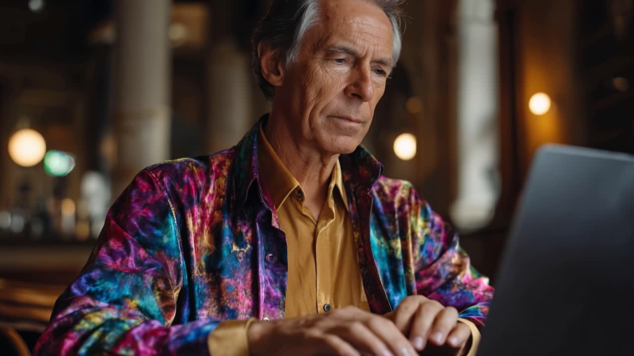 Un uomo indossa una giacca colorata mentre digita su un laptop. Sembra concentrato, con gli occhi sullo schermo e le dita che si muovono costantemente. Luci calde brillano dolcemente dietro di lui. L'ambiente interno accogliente aggiunge un'atmosfera rilassata e pensierosa.