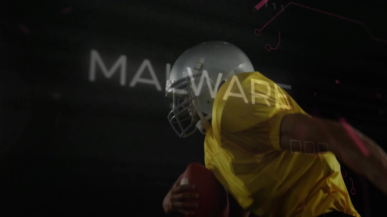 Football player lifting ball revealing malware text then sprinting through red tech circuits