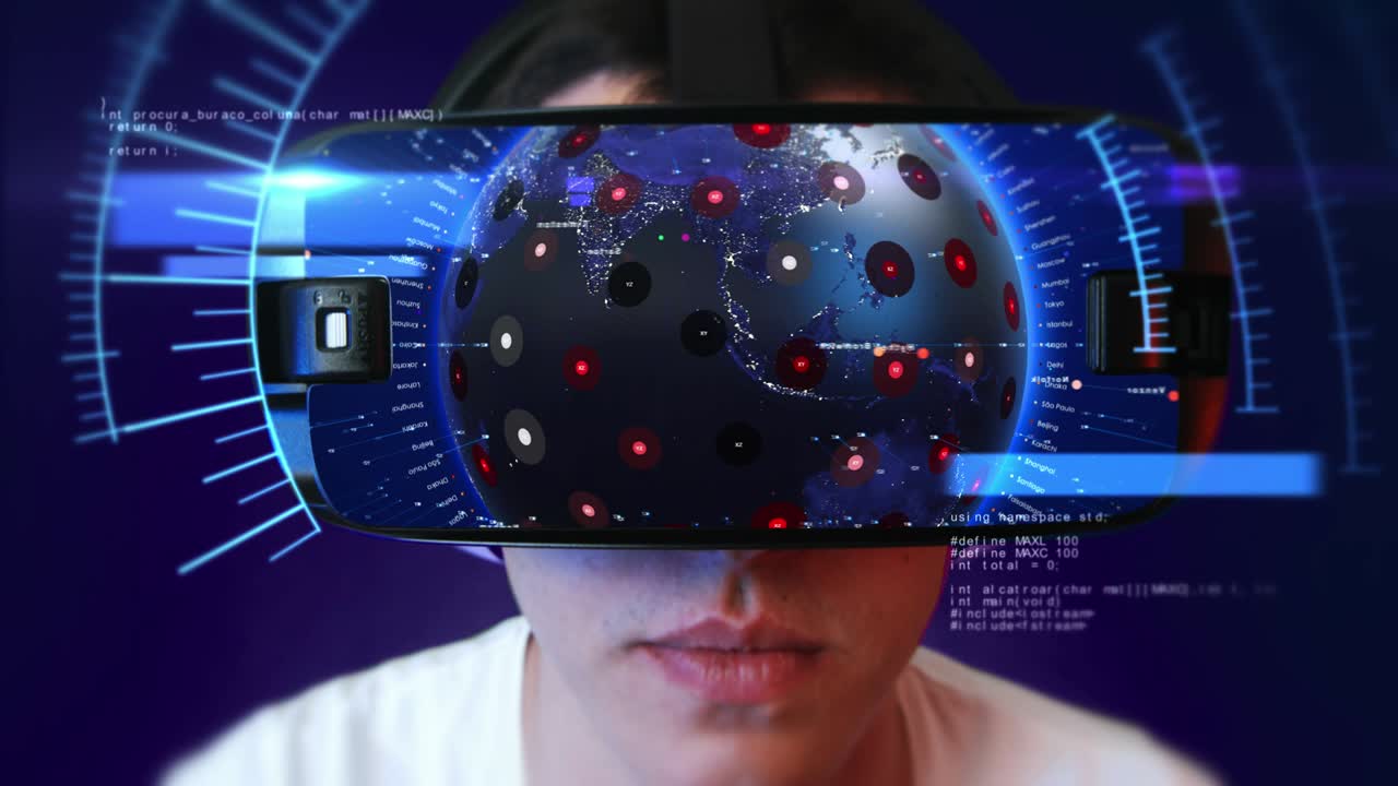 Young man wearing VR headset and experiencing virtual reality. Seamless Loop.