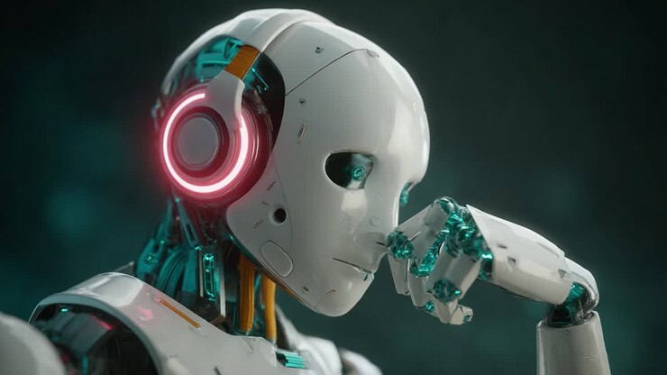 Un essere robotico riflessivo che contempla tecnologia ed emozione con cuffie vivaci in un'ambientazione futuristica.