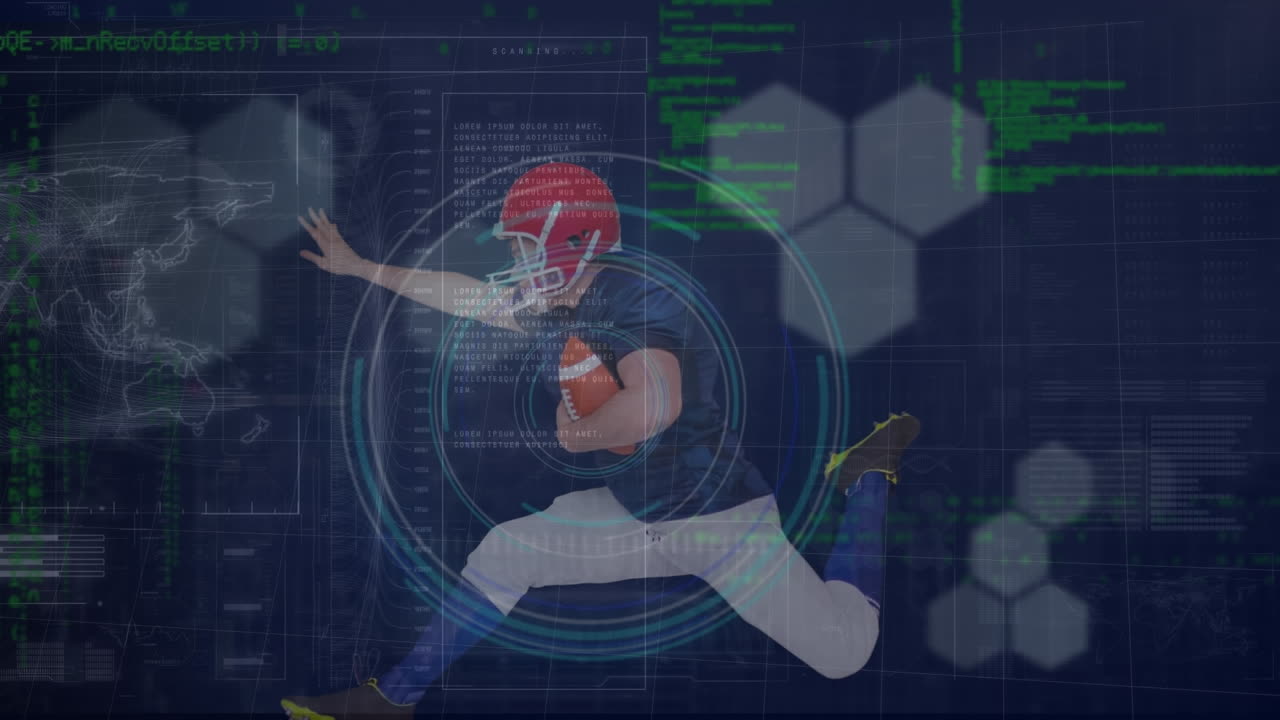 텍스트와 육각형 모양으로 럭비를 하는 백인 선수의 다중 노출  애니메이션