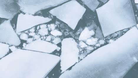 Aerial-shot-of-fragmented-ice-sheets-on-water-in-Port-Elgin,-subdued-blue-tones