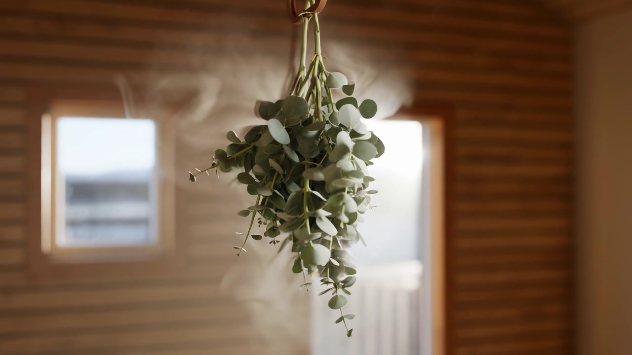 Scène animée en gros plan de tiges d'eucalyptus attachées en un bouquet inversé, suspendu par un cordon en boucle dans une pièce aux tons chauds, une fine vapeur s'élève derrière le feuillage tandis qu'une lumière du jour diffuse adoucit la texture et l'ambiance.
