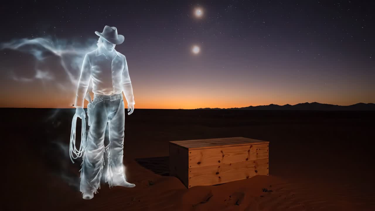 A ghostly cowboy in the desert at sunset