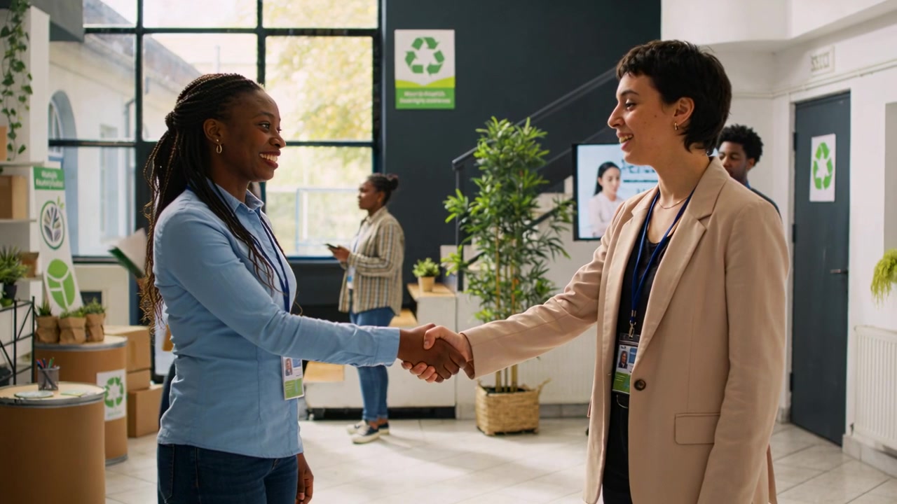 Shaking hands staff wearing lanyards blue jacket beige blazer greeting at community recycling event