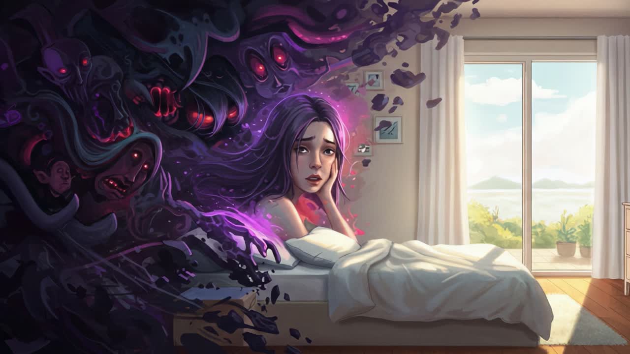 A Visual Journey Through Inner Turmoil: A Young Woman Finds Herself Caught Between Reality and Nightmares Amidst the Dark Shadows in Her Room