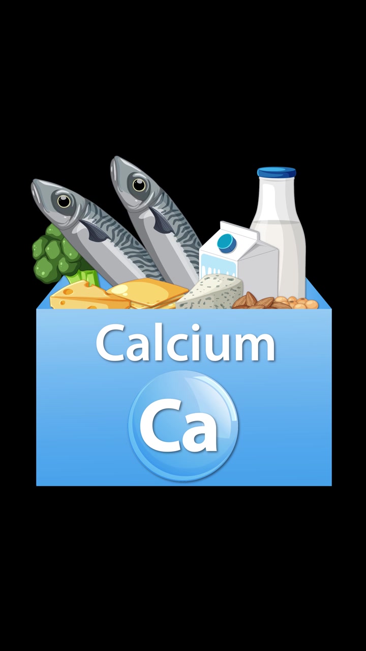 Una scatola blu si apre per rivelare alimenti ricchi di calcio e un'etichetta di integratore, su sfondo nero, formato verticale