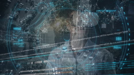 animación del procesamiento de datos financieros sobre un hombre de negocios que usa auriculares vr