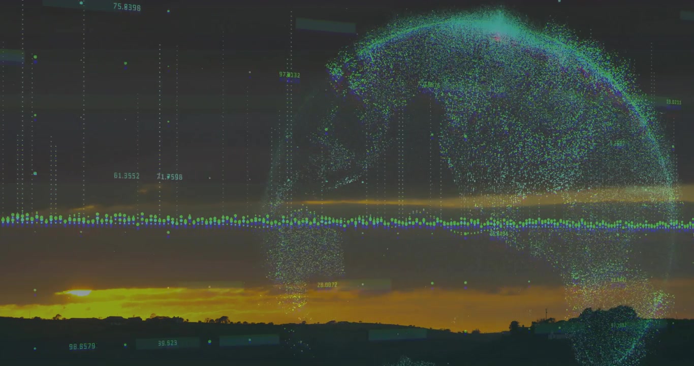 Triggered by horizon glow, digital globe forming cloud and mapping trajectory arc visualizing data