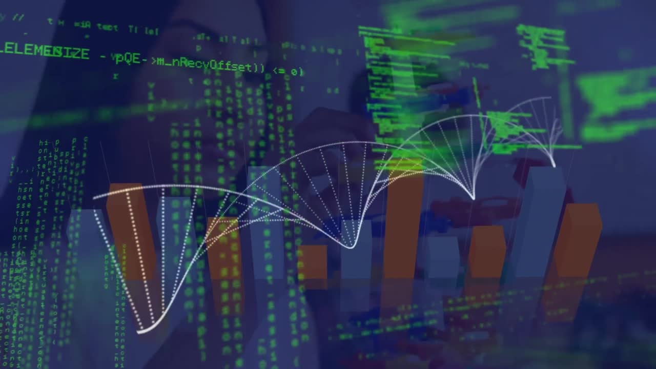 animación de la estructura del adn y el procesamiento de datos sobre una científica biracial que trabaja en el laboratorio