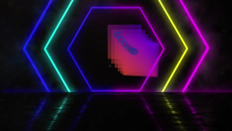 Multiple-neon-hexagon-shapes-moving-against-black-background