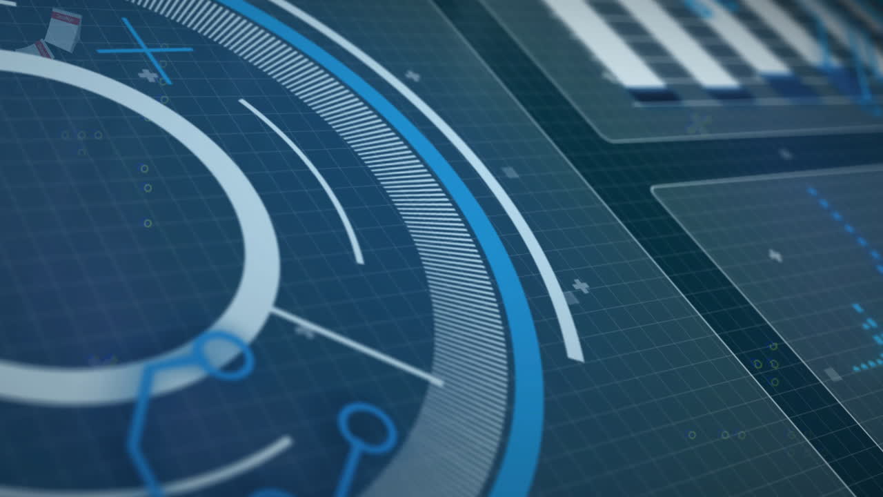 Animation of network of connections, data processing and scope scanning over blue background