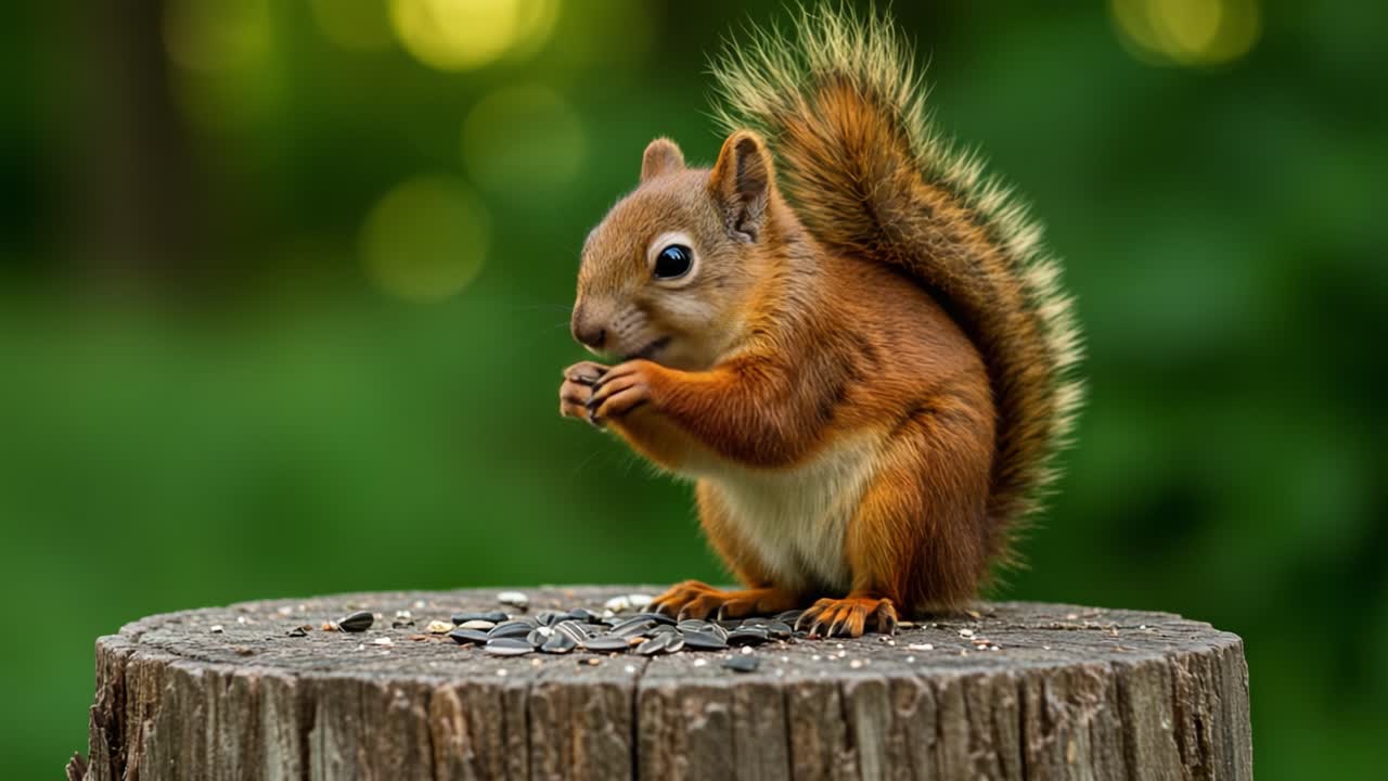 A Charming Squirrel Nibbles on Seeds While Perched on a Wooden Stump, Surrounded by Lush Greenery and Dappled Sunlight, Showcasing Its Vibrant Fur and Playful Nature