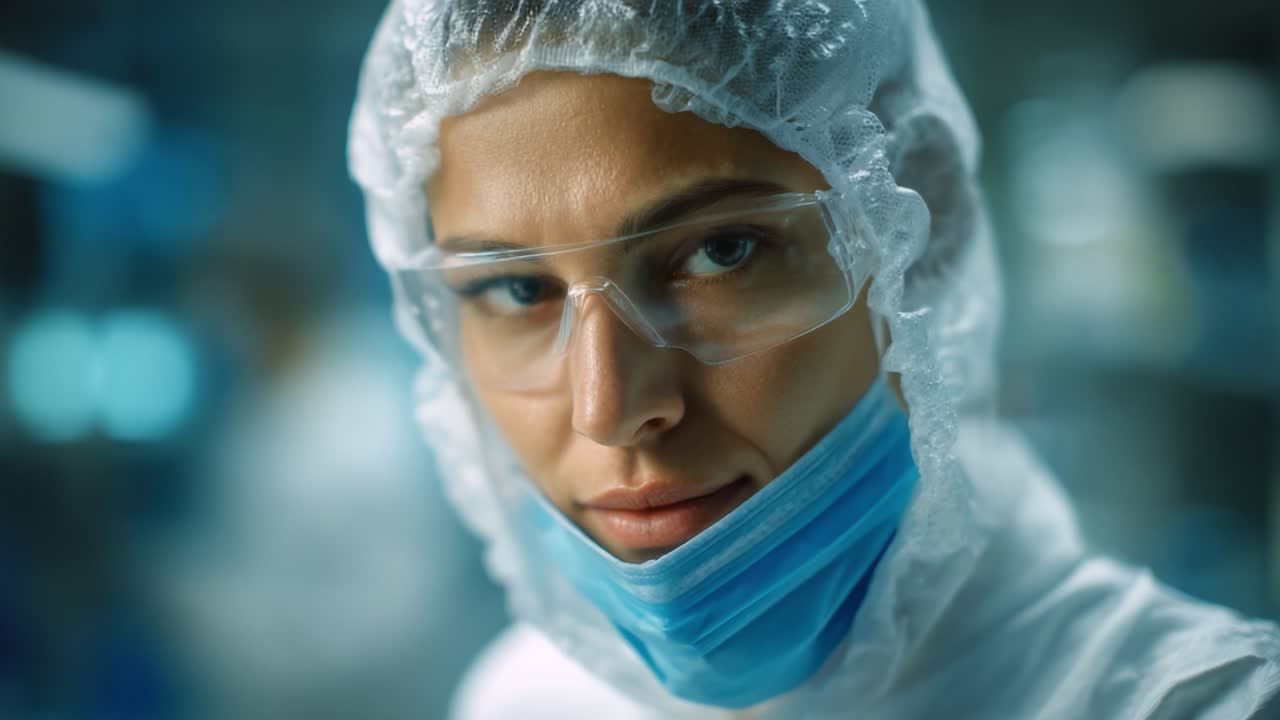 Scienziata concentrata in abbigliamento protettivo con guanti, mascherina e cuffia, che dimostra l'importanza della sicurezza in un ambiente di laboratorio