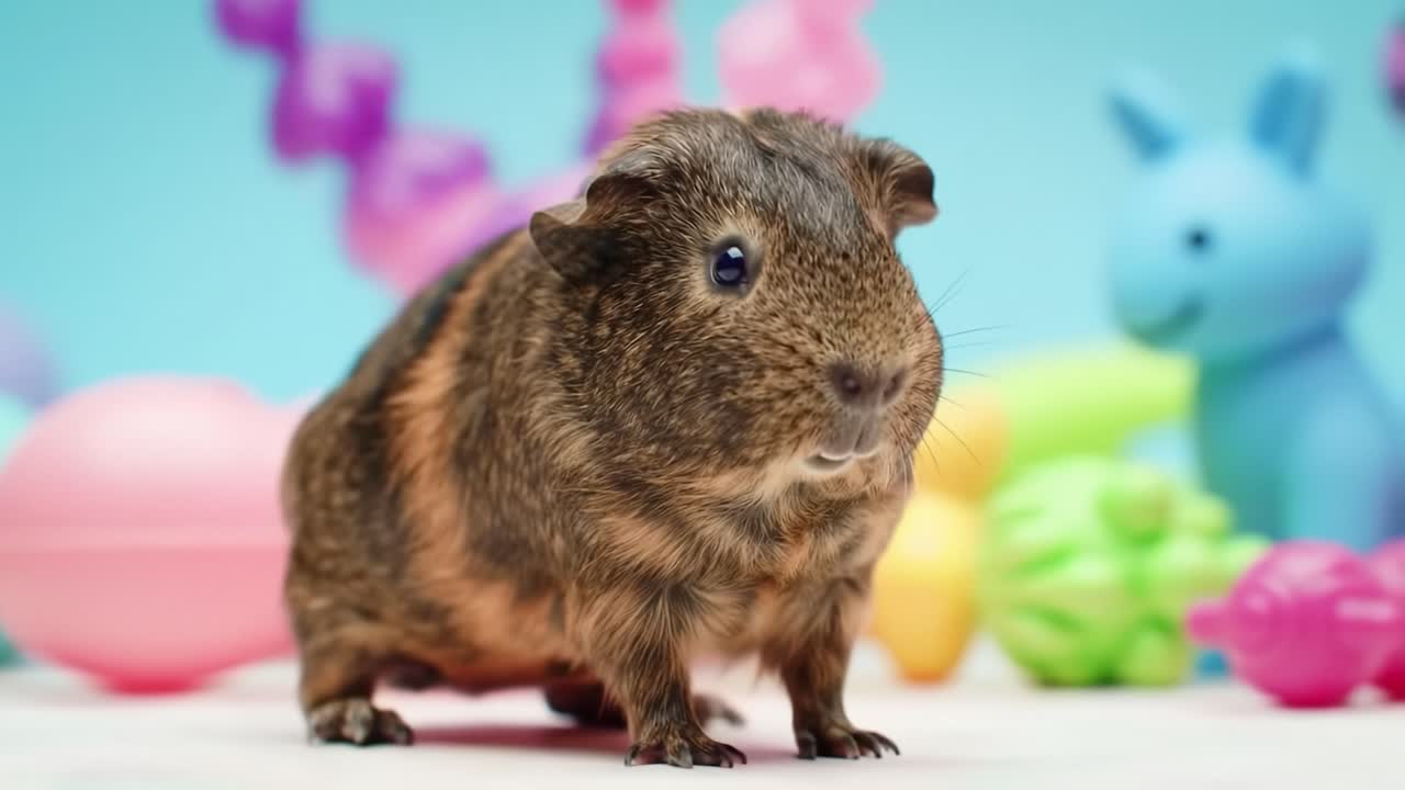 A lively guinea pig interacts with festive Easter decorations, including pastel eggs and playful figurines. The setting is bright and cheerful, perfect for spring.