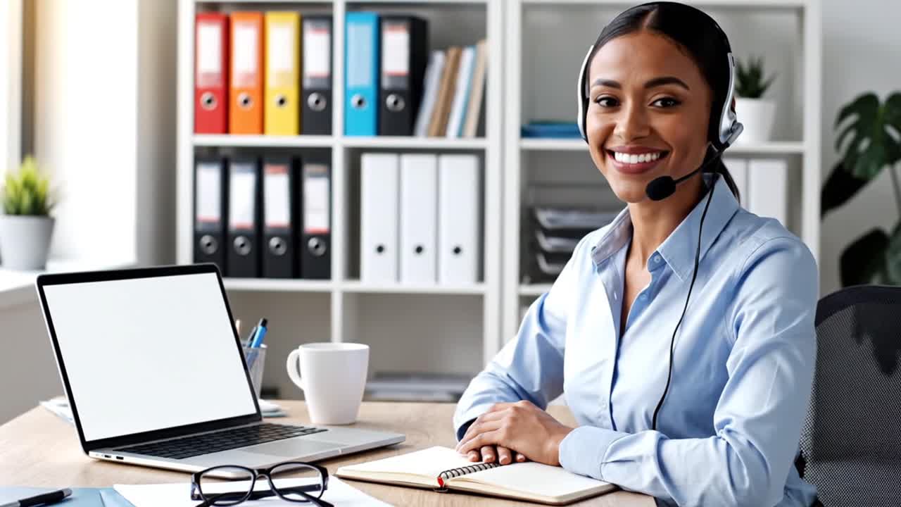 Friendly woman with headset working at customer service desk