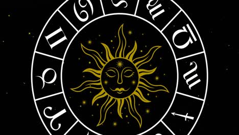 Animation-of-gold-sun-and-zodiac-wheel-spinning-over-snow-falling-on-black-background