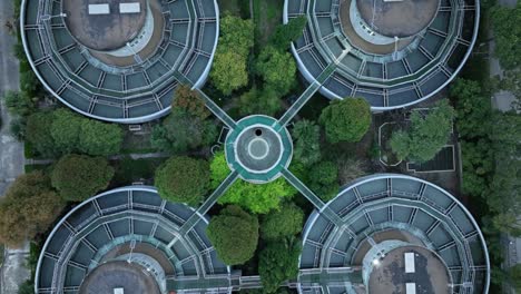 drone aerial view of waterworks pool and tanks, top view