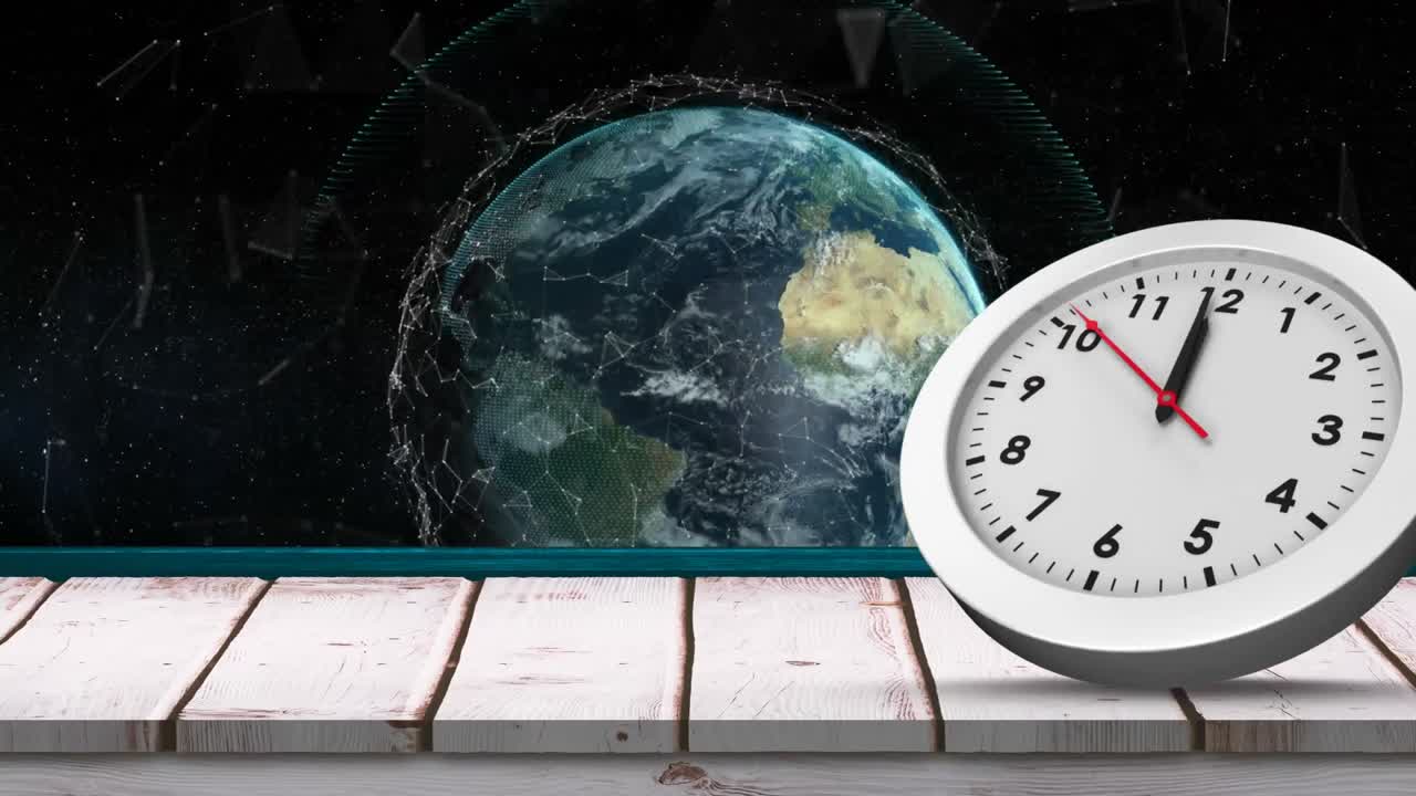 анимация тикания часов и вращения земного шара с сетью соединений на синем фоне