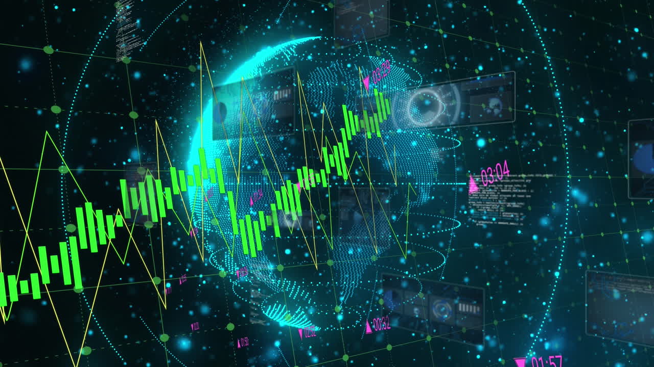 animación de escáneres redondos y procesamiento de datos sobre globo giratorio y manchas brillantes azules.
