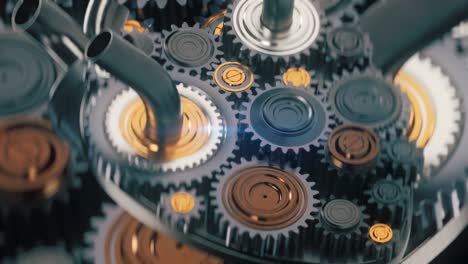 machine gears rotating inside the mechanism, cogwheels close-up, unstoppable