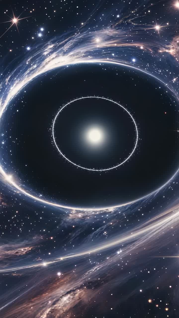 Vertical video: Opening cosmic panorama showing glowing orb, rotating ring and swirling nebula