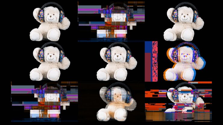 Orsetto di peluche con le cuffie - Collage con effetti di rumore