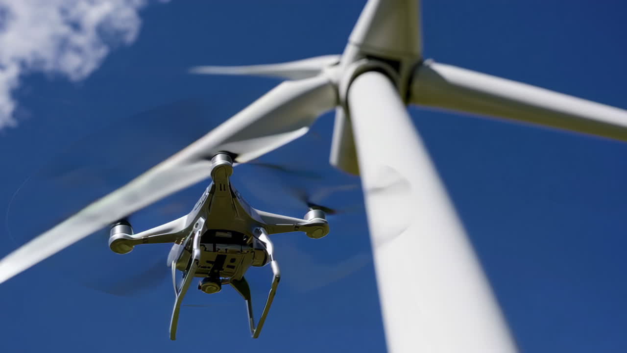Drone flying near a wind turbine
