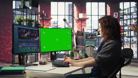 female videographer making a movie montage next to green screen display