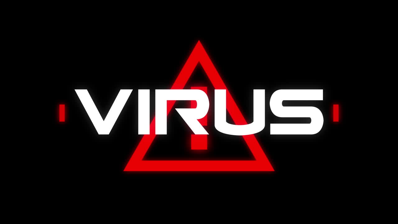 Animation af ordet Virus skrevet over et trekantet advarselsskilt på sort baggrund