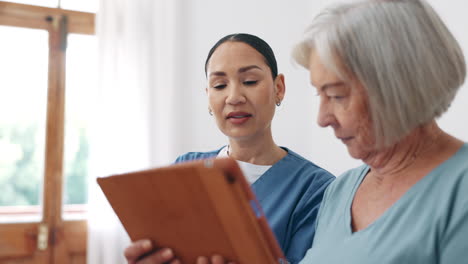 tablet, nurse and senior woman in home