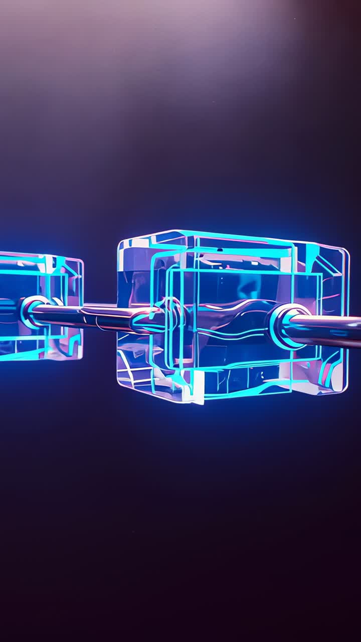 Vertical video: Starting camera panning right zooming neon-blue cubes drifting in studio with rods