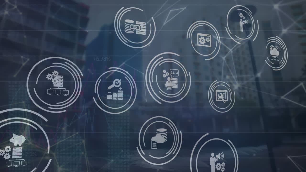 animación de la red de conexiones con iconos sobre el paisaje urbano