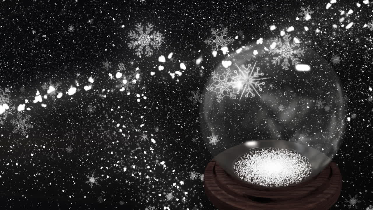 animación de la nieve y la primera estrella cayendo sobre el globo de nieve sobre fondo negro